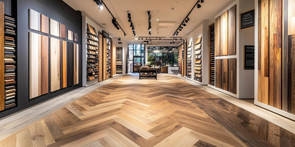 Premium Surfaces showroom in Joliet with sample display walls and herringbone wood floor