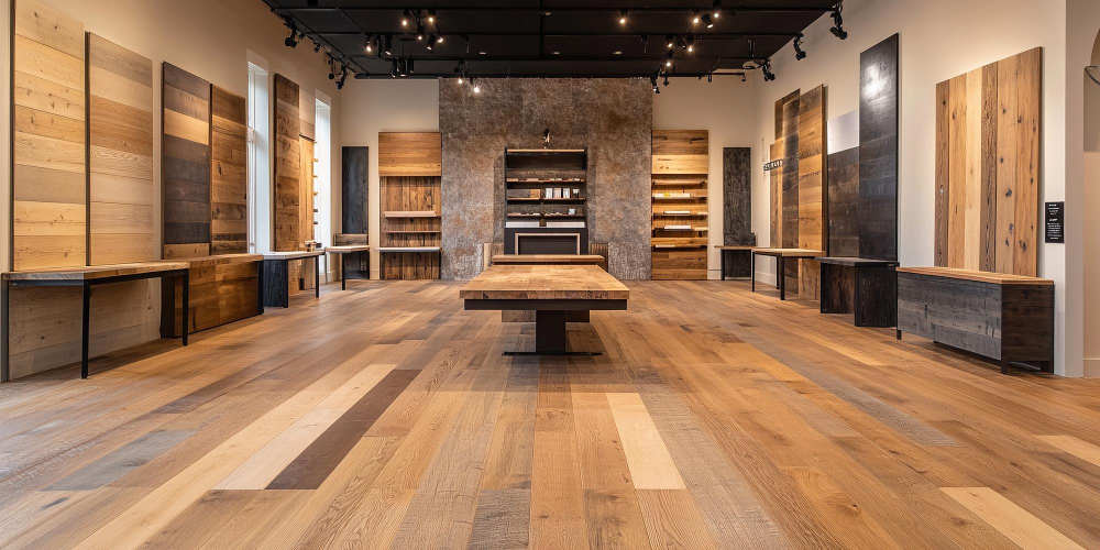 Premium Surfaces showroom interior with wood plank displays