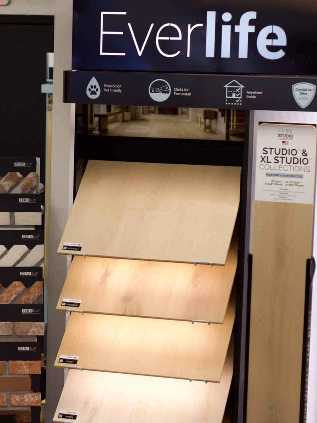 Everlife luxury vinyl plank sample display rack in the Joliet showroom